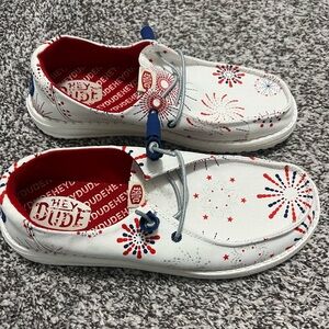 NWOT Hey Dude Red and White fireworks Shoes